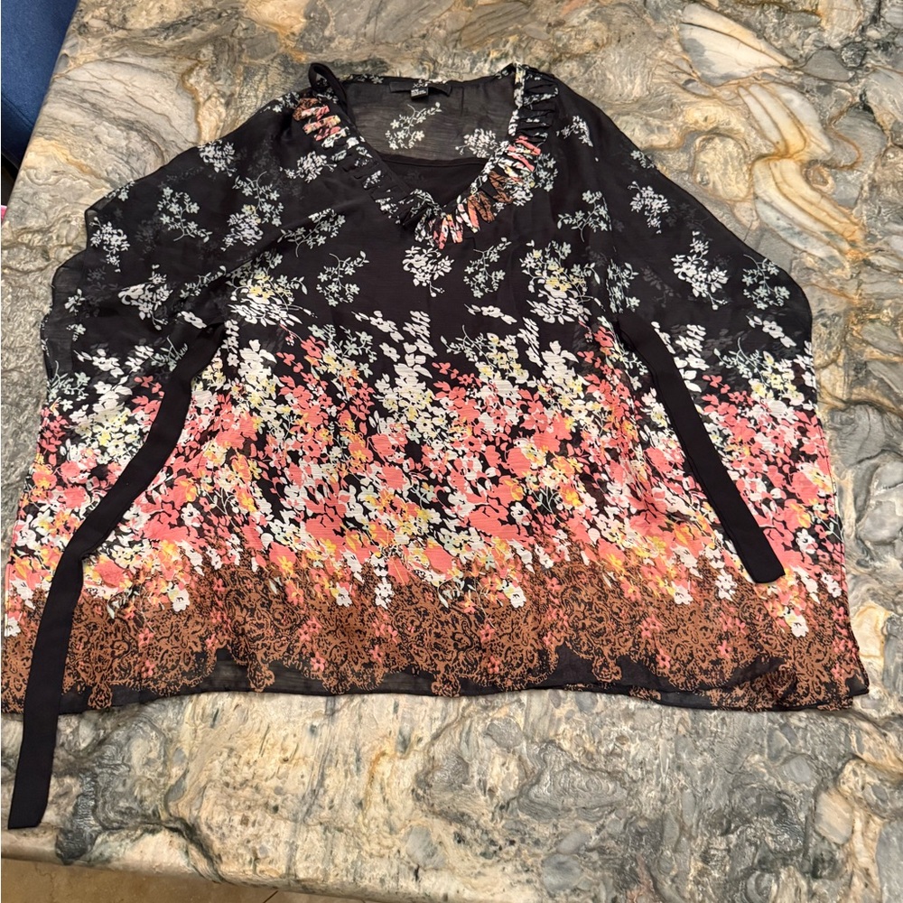 Forever 21 size M butterfly sleeve black and floral sheer top with belt
